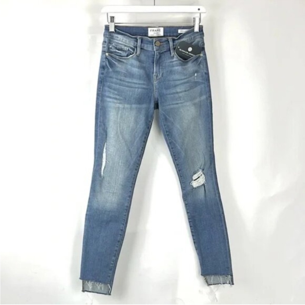 FRAME LE SKINNY JEANNE IRVINGFORD RAW STAGGER JEANS